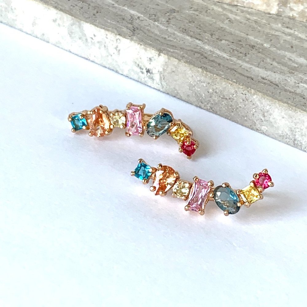 NEW~ Anthropologie Rainbow Stone Crawler Earrings - Picture 6 of 12
